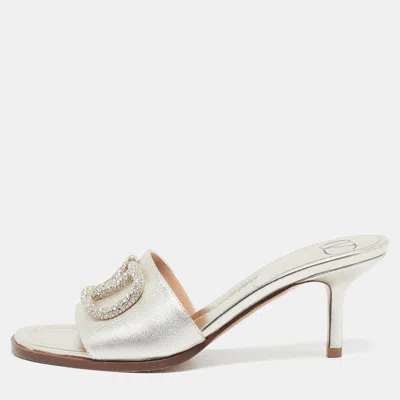 Pre-owned Valentino Garavani Metallic Leather Vlogo Signature Slide Sandals Size 36