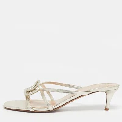 Pre-owned Valentino Garavani Metallic Leather Vlogo Signature Slide Sandals Size 40.5 In Silver