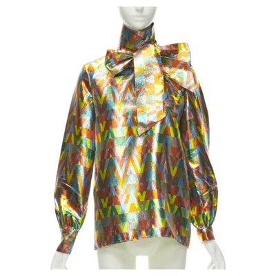 Pre-owned Valentino Metallic Lurex Graphic V Rainbow Scar Tie Collar Blouse It38 Xs In Brown
