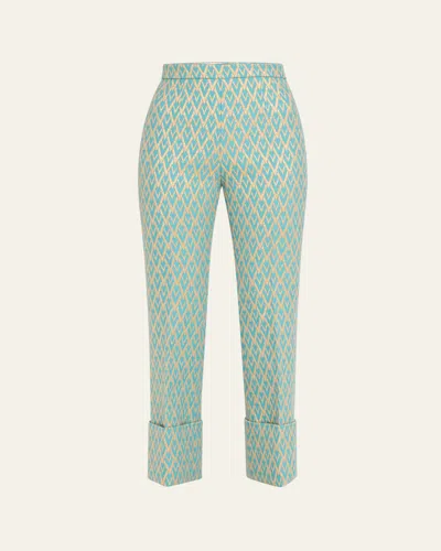 Valentino Metallic Printed Cuffed Hem Wool Trousers In Blue Gold