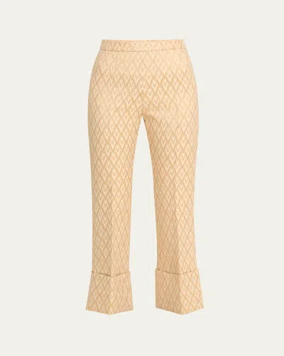Valentino Metallic Printed Cuffed Hem Wool Trousers In Gold
