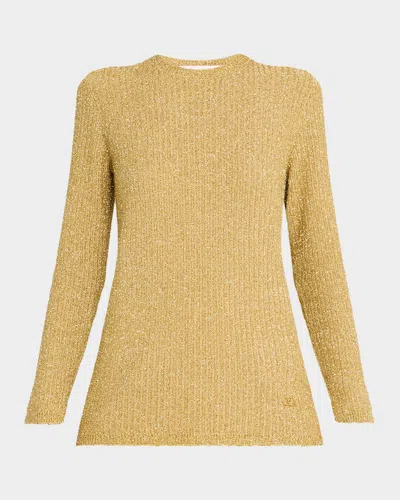 Valentino Metallic Rib Crewneck Sweater In Gold
