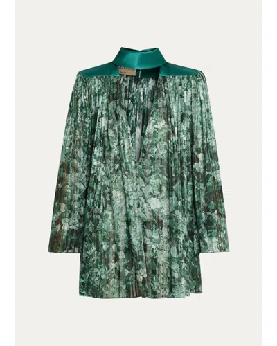 Valentino Metallic Silk Chiffon Plisse Long-sleeve Blouse In Multi