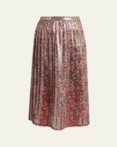 Valentino Metallic Silk Floral Pleated Midi-skirt In Multi