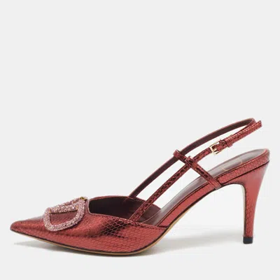 Pre-owned Valentino Garavani Metallic Snakeskin Embossed Leather Vlogo Slingback Pumps Size 37