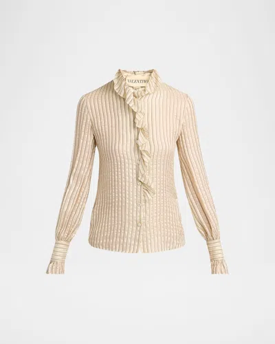 VALENTINO METALLIC STRIPED RUFFLE BUTTON-DOWN SHIRT