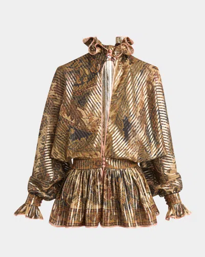 VALENTINO METALLIC STRIPED VOYAGE JACQUARD RUFFLE BLOUSE