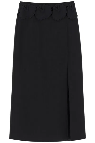 Valentino "mid-length Wool And Silk Skirt With Floral Appliqué In Black