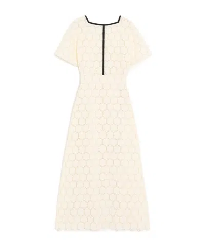 Valentino Midi Dress In Fleurs À Jours Cotton Woman Latte/black 50 In White