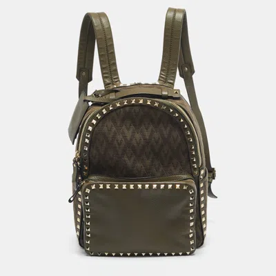 Pre-owned Valentino Garavani Military Green Logo Jacquard Canvas And Leather Viva Backpack