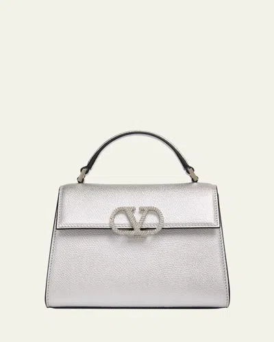 Valentino Garavani Mini Crystal Vlogo Metallic Leather Top-handle Bag In Silver