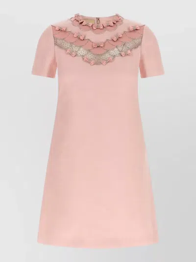 Valentino Mini Dress Short Sleeves Embellished Neckline Bows In Pink