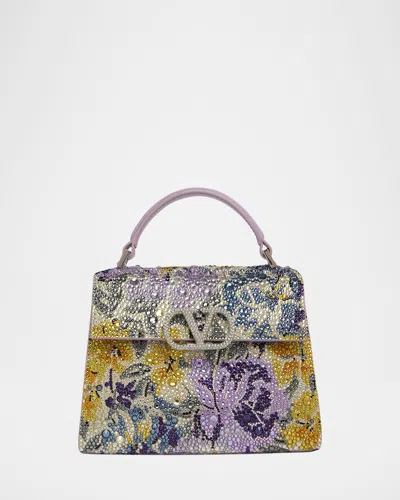 Valentino Garavani Mini Floral Crystal Leather Top-handle Bag In Multi