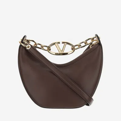 Valentino Garavani Mini Hobo Vlogo Moon Bag In Nappa Leather With Chain In Brown