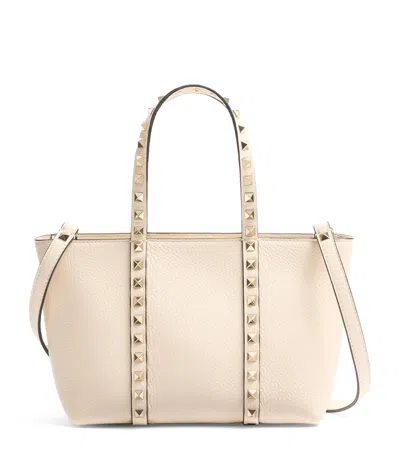 Valentino Garavani Mini Leather Rockstud Tote Bag In Ivory