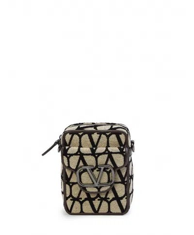 Valentino Garavani Mini Iconographic Canvas Crossbody Bag In Tan With Silver-tone Logo – 12x16x6 Cm In Beige