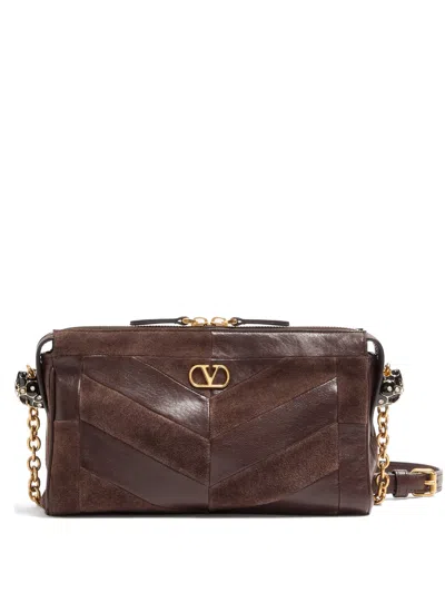 Valentino Garavani Valentino Mini Panthea Small Shoulder Handbag In Suede And Nappa With Chevron Pattern In Ebonybrwnk
