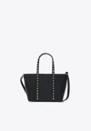 Valentino Rockstud Mini Tote In Hammered Leather In Black