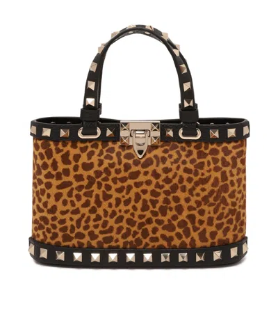 Valentino Garavani Mini Rockstud Shopping Bag In Ponyskin Effect Calfskin With Animal Print In Brown