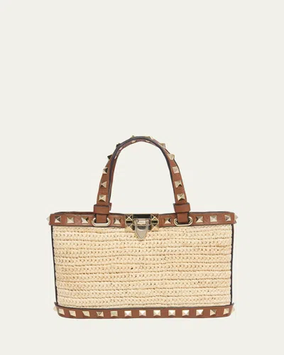 Valentino Garavani Mini Rockstud Viscose Raffia Top-handle Bag In Brown