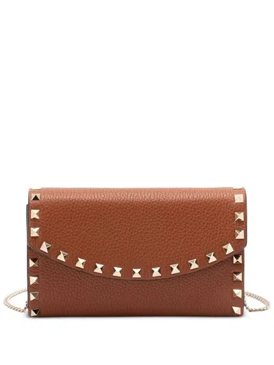 Valentino Garavani Mini Rockstud Wallet With Strap In Brown