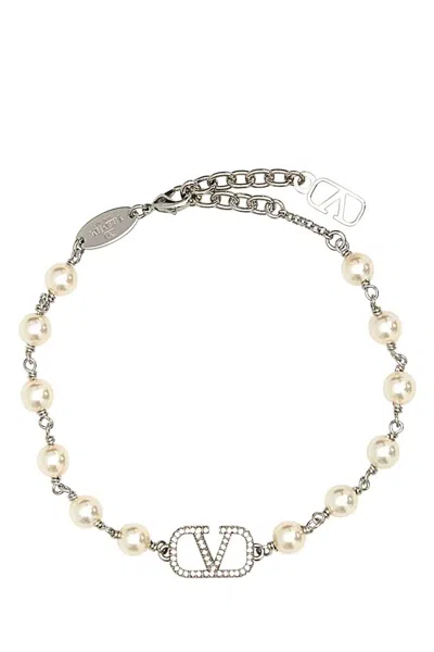Valentino Garavani Two-tone Metal And Pearls Vlogo Bracelet In Silver