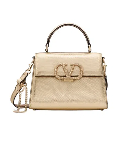 Valentino Garavani Mini Vsling Metallic Tote Bag In Platinum/beige/crystal Gold
