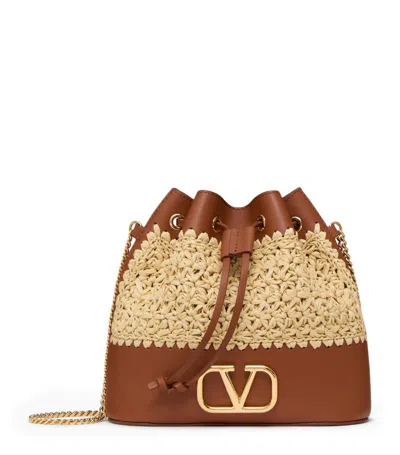 Valentino Garavani Raffia Leather Bucket Mini Bag In Brown