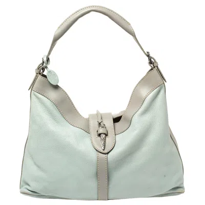 Pre-owned Valentino Garavani Mint Blue/grey Grain Leather Metal Flap Hobo