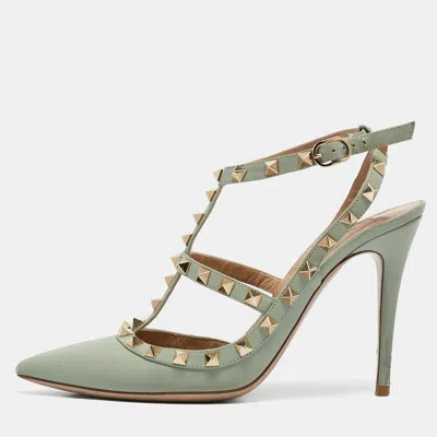 Pre-owned Valentino Garavani Mint Green Leather Rockstud Ankle Strap Pumps Size 39
