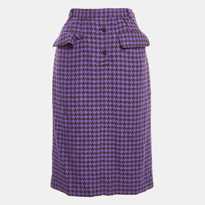 Pre-owned Valentino Miss V Purple/black Houndstooth Wool Midi Skirt L