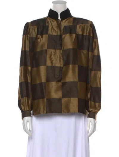 Pre-owned Valentino Miss V Silk Button-up Top In Brown