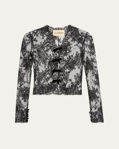 Valentino Mock-neck Sheer Lace Long-sleeve Top In Animal Print