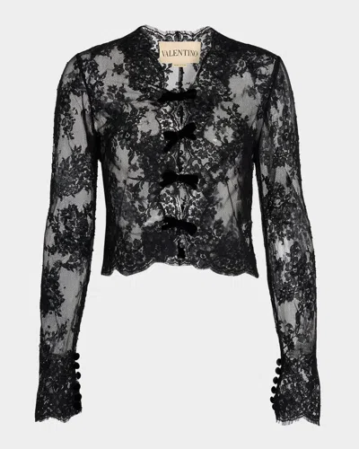 Valentino Mock-neck Sheer Lace Long-sleeve Top In Black