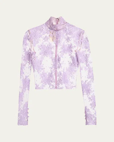 Valentino Mock-neck Sheer Lace Long-sleeve Top In Purple