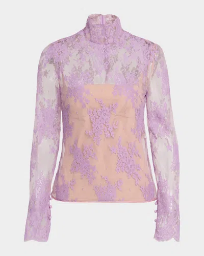 Valentino Mock-neck Sheer Lace Long-sleeve Top In Purple