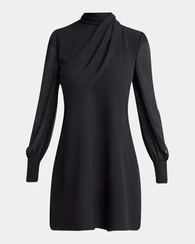 Valentino Mock-neck Draped Silk Georgette Mini Dress In Nero