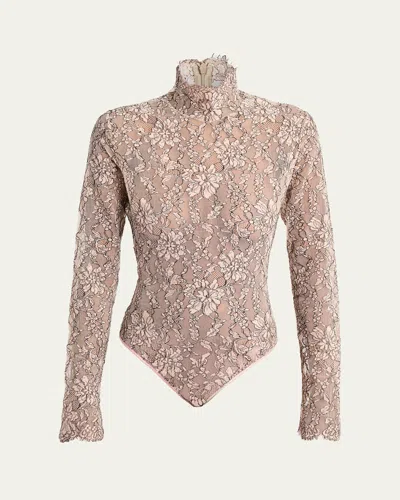 Valentino Mock-neck Lace Jersey Long-sleeve Bodysuit In Neutral