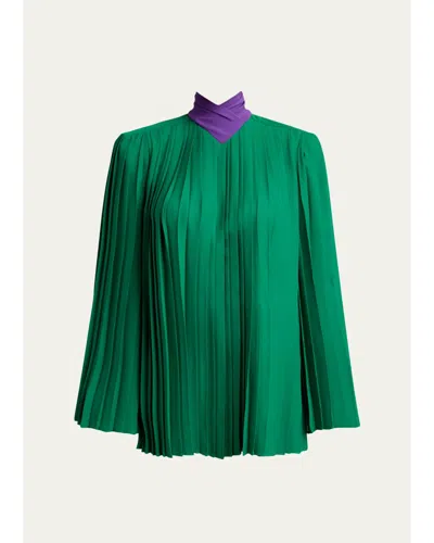 Valentino Mock-neck Pleated Silk Long-sleeve Top In Green
