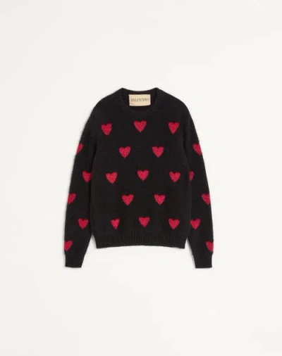 Valentino Mohair Wool And Lurex Jumper With Heart Jacquard Pattern In Black