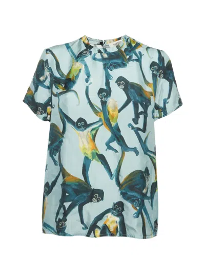 Pre-owned Valentino Monkey-print Silk Top In Blue