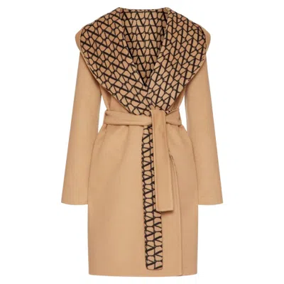 Pre-owned Valentino Monogram Print Virgin Wool Reversible Coat In Sand