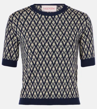 Valentino Short-sleeved Pullover In Virgin Wool In Navy