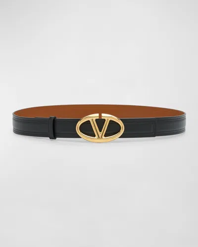 Valentino Garavani Moonlight Gold V-logo Leather Belt In Nero Naturale Tan
