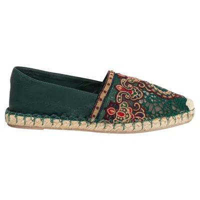 Pre-owned Valentino Garavani Valentino Moss Green Leather Embroidered Lace Espadrilles Flats Shoes 37