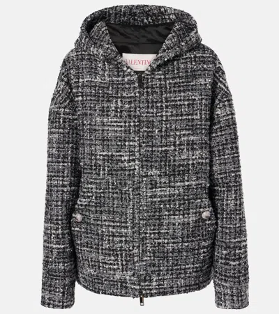 Valentino Double Tweed Hooded Jacket In Black
