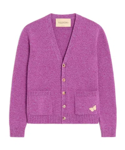 Valentino Mouliné Wool Cardigan With Embroidered Butterfly Patch In Purple