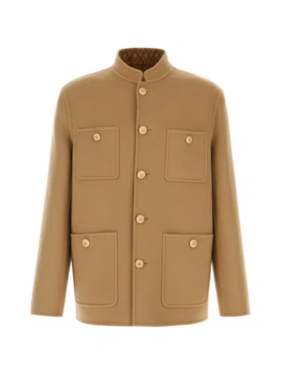 Valentino Wool Blend Jacket Four Pockets Stand Collar In Neutral