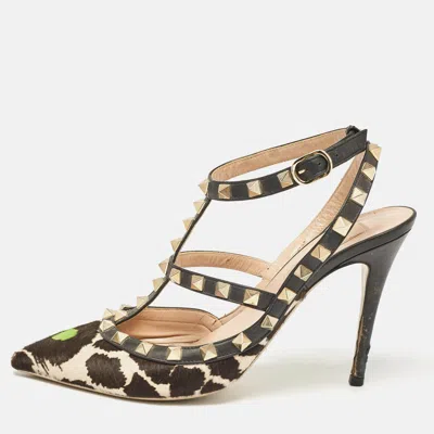 Pre-owned Valentino Garavani Multicolor Calf Hair And Leather Rockstud Ankle Strap Pumps Size 37.5