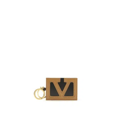 Valentino Garavani Multicolor Calf Leather Bos Taurus Keychain In Brown